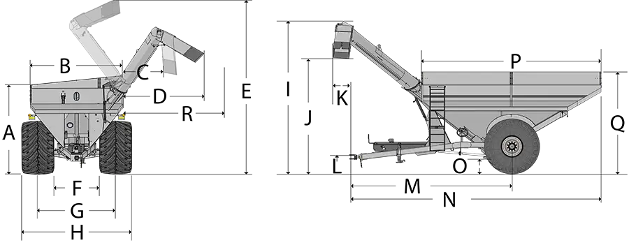 Single Auger Grain Cart Dimensions image showing front and side views with dimension lines