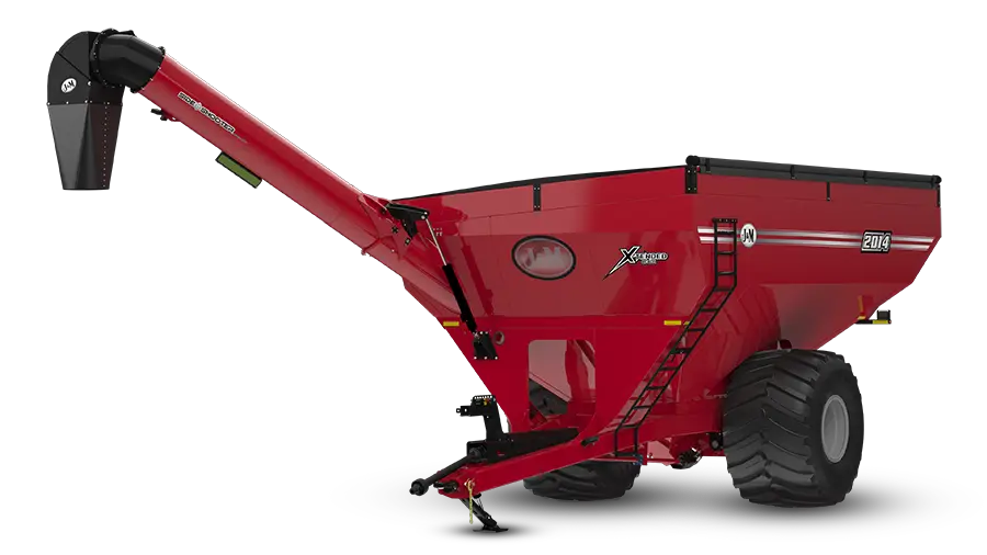 A cut-out image of a 2014 right hand unload red grain cart
