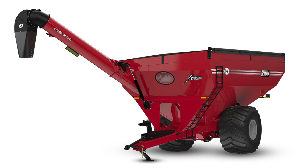 A cut-out image of a 2014 right hand unload red grain cart