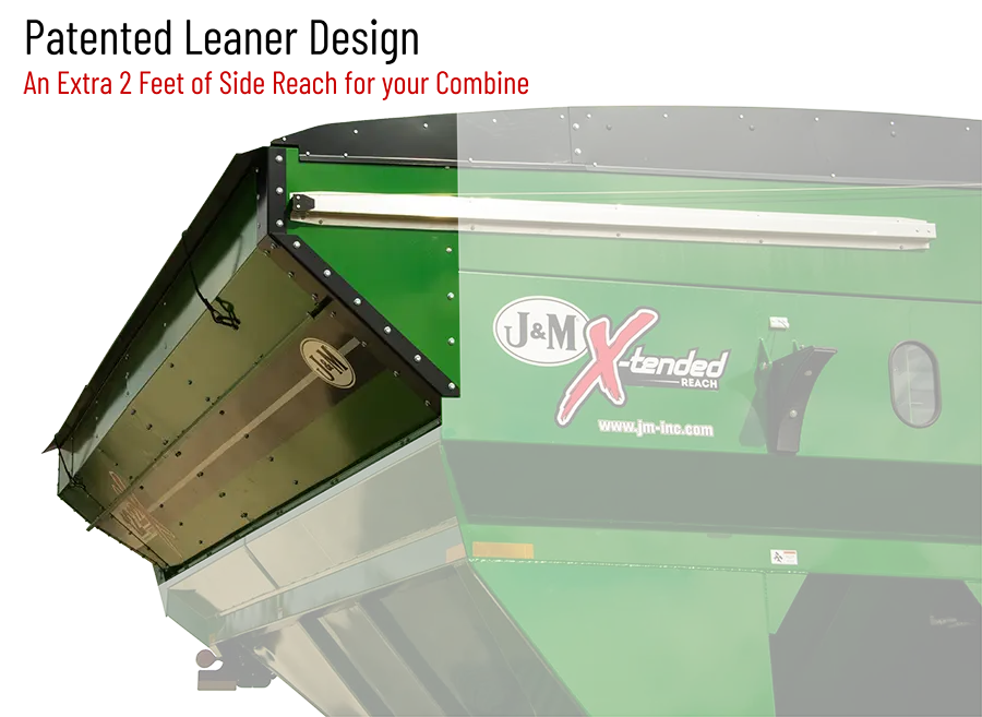 a green 1222 grain cart showing the leaner design that extends the tank toward the combine auger