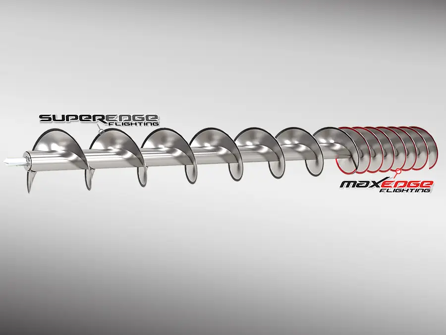 a close up of a vertical auger with reinforced flighting
