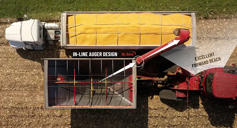 from above a grain cart showing the straight auger design and forward reach