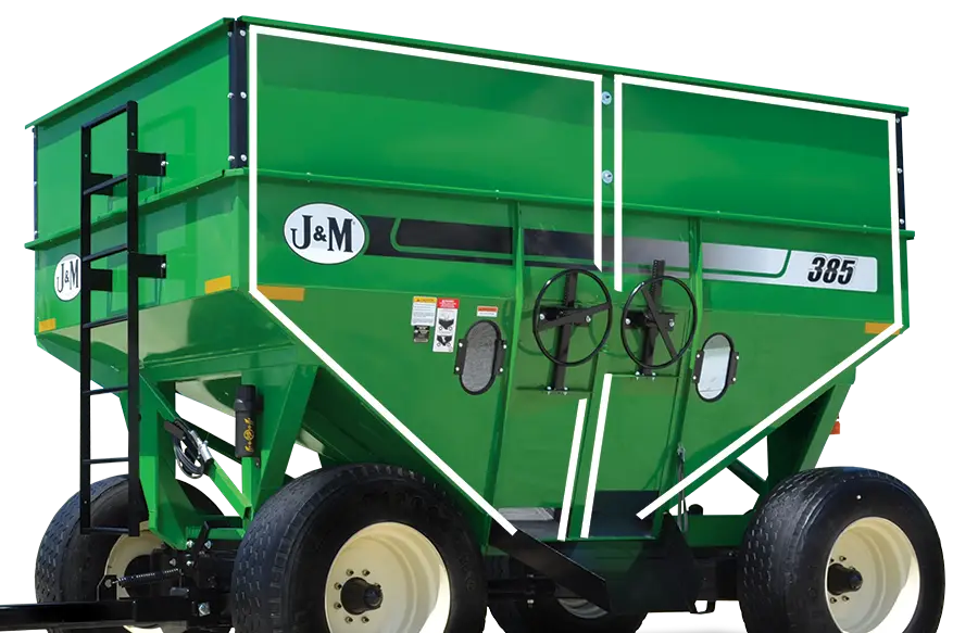a cutout image of a 385 gravity wagon with dual compartments.
