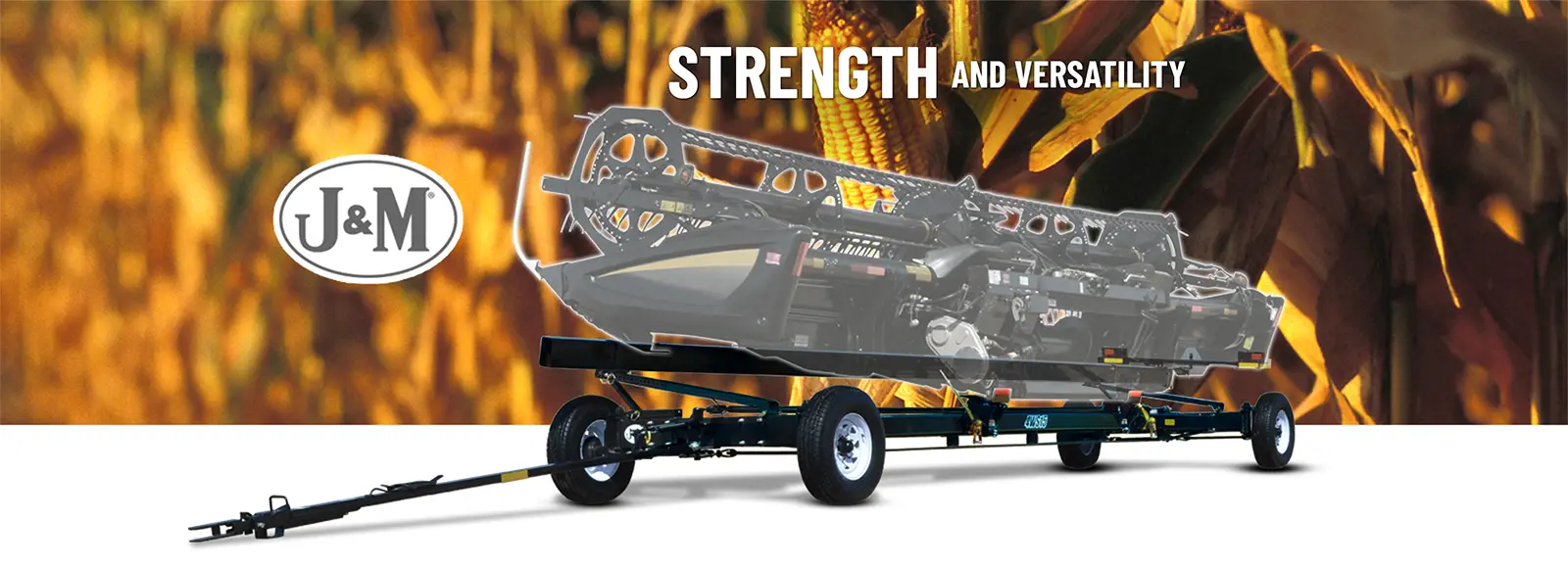 a 4ws header transport with a header on it cut out and in front of an image of a corn field