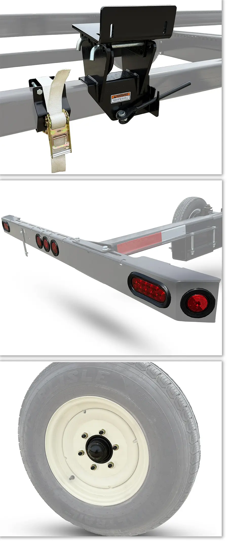 three images of the feature of the low profile header transport. Showcasing the hub, light bar, and mounts.