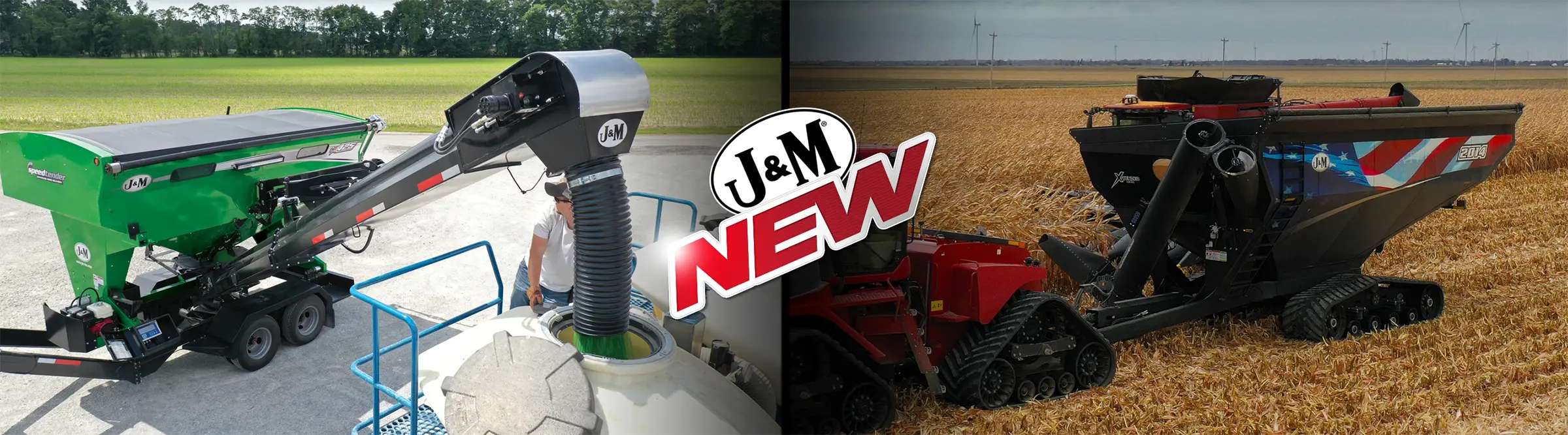 J&M 1714 grain cart unloading corn into semi-truck trailer during harvest