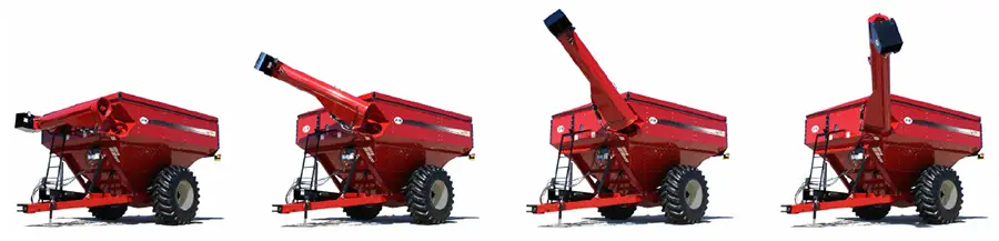 several grain unloaders showing the stages of folding an auger.