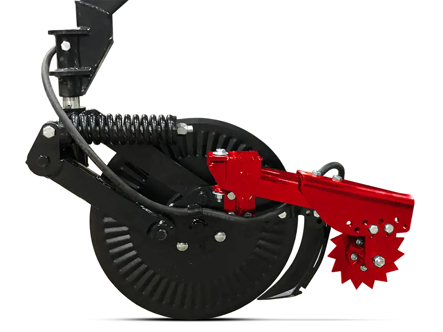 a cutout image of a coulter with the row closer attachment highlighted red.
