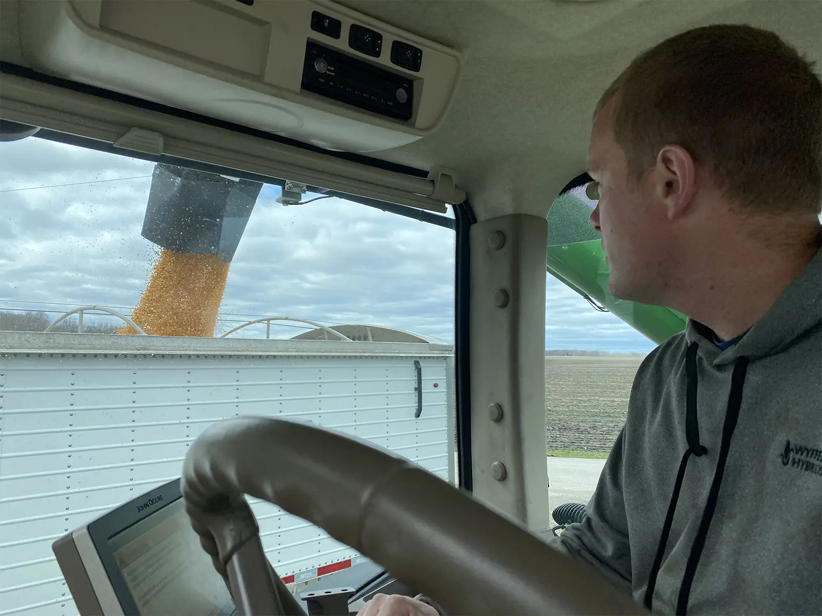 Right Side Auger Grain Cart View From Tractor Cab