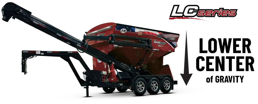 a red seed tender with a arrow showing the lower center of gravity compared to a traditional seed tender